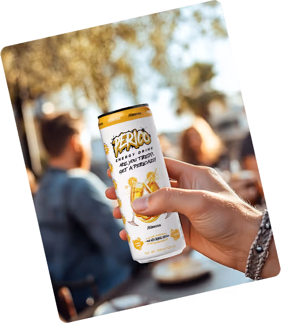 Hand holding Perico Energy’s Mimosa flavor at an outdoor gathering, highlighting the brand’s social, lifestyle-driven energy drink for community and connection.