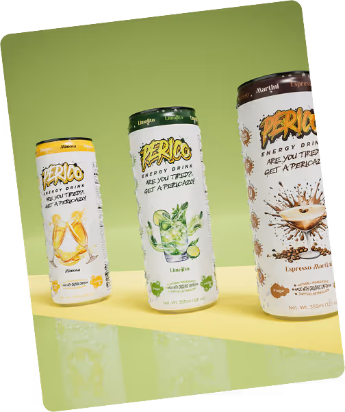 Perico Energy’s Mimosa, Limojito, and Espresso Martini drinks featured in a social post from @perico.energy, showcasing flavorful energy with vibrant design.