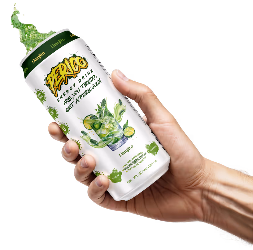 Hand holding Perico Energy’s Limojito flavor can with lime slices and mint splash, a mojito-inspired energy drink designed for clean, refreshing boosts.