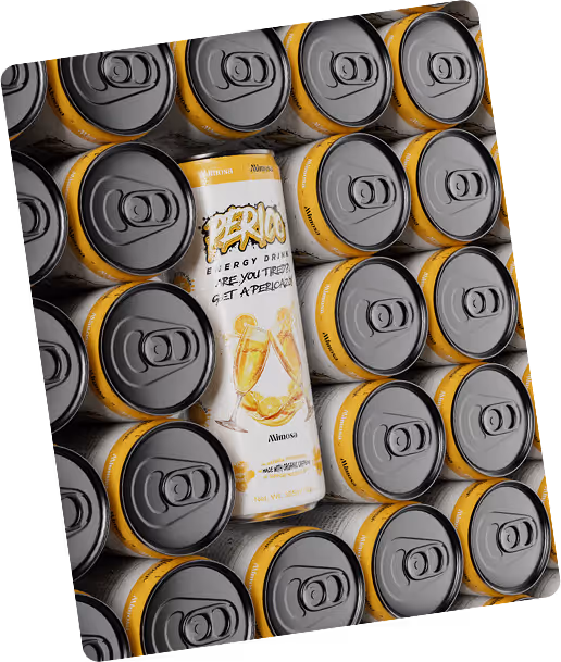 Perico Energy’s Mimosa flavor can standing out in a case of stacked drinks, highlighting sustainable packaging and clean energy commitment.