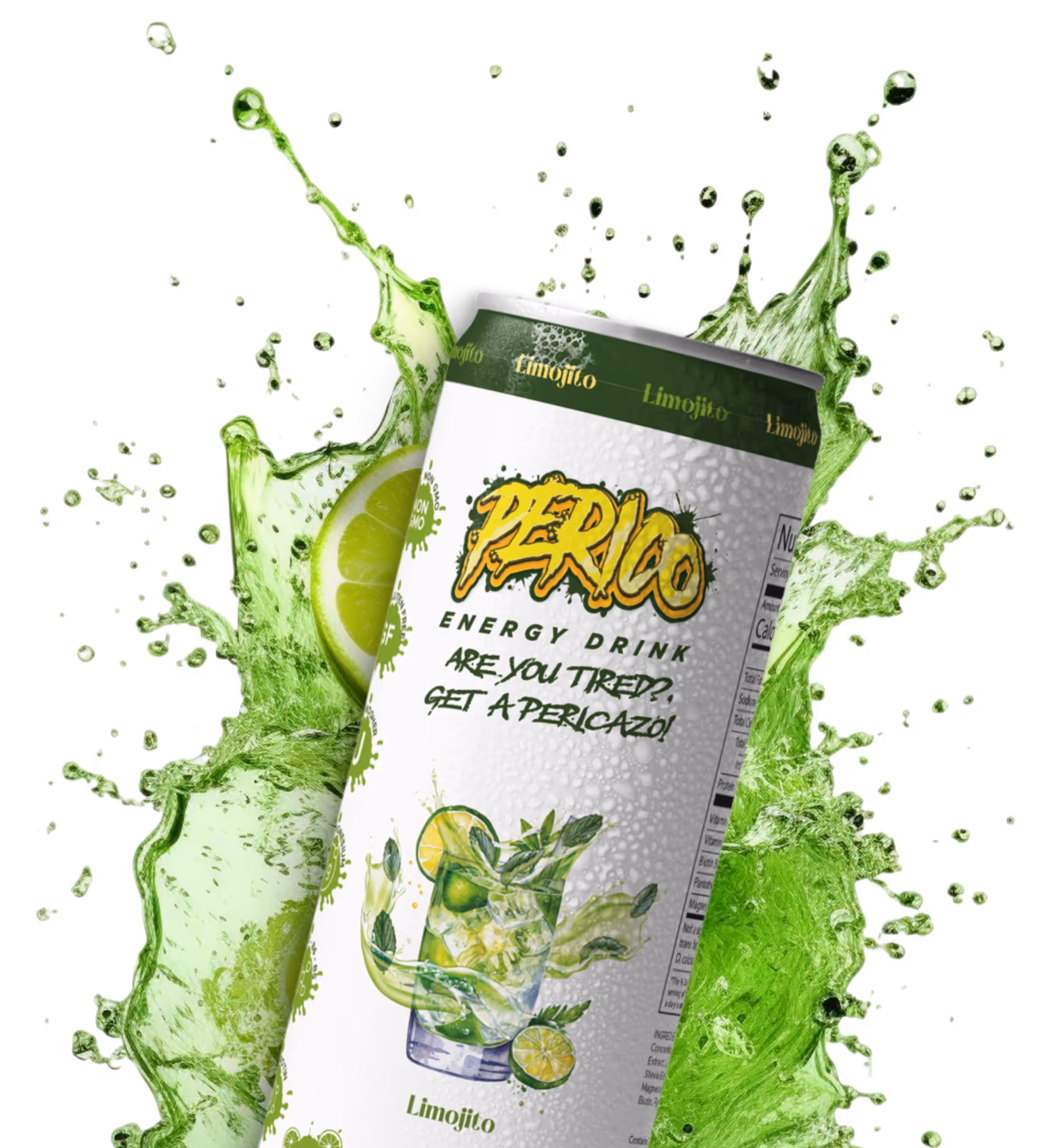 Perico Energy Drink’s Limojito flavor can splashing with lime and mint, showcasing a mojito-inspired energy drink perfect for refreshing boosts. 