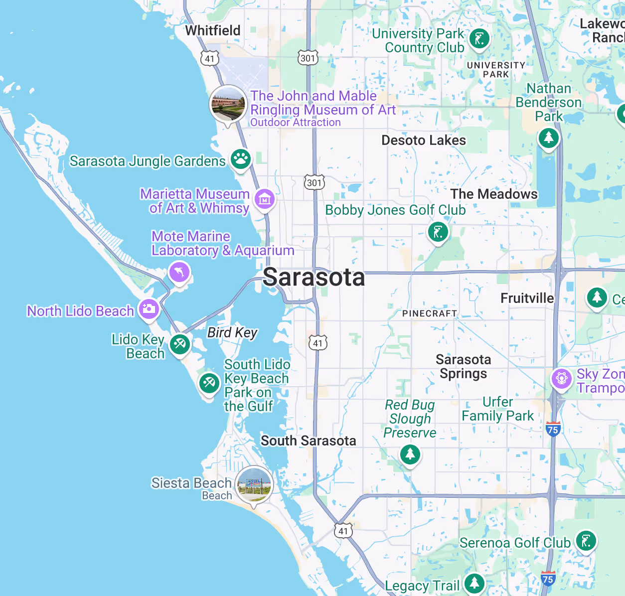 Map of Sarasota, Florida highlighting local landmarks and beaches near Perico Energy’s contact location, helping visitors find the brand easily.