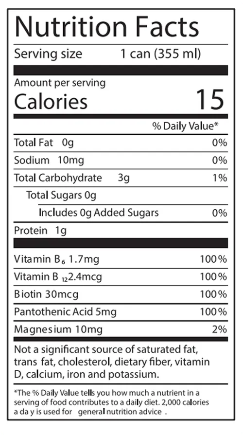 Nutrition label for Perico Limojito energy drink, showing 15 calories, 0g sugar, essential vitamins, and 10mg magnesium—clean, refreshing boost with no added sugars.