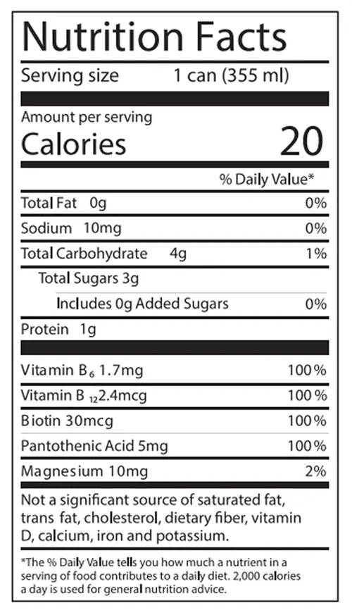Nutrition facts label for Perico’s Mimosa energy drink, showing 20 calories, zero added sugar, 100% daily vitamins, and 10mg magnesium for a clean citrus boost.