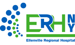 A series of blue and green circles of varying sizes arranged in a curving pattern on a black background, creating a dynamic, rhythmic visual flow. Text saying "Ellenville Regional Hospital"