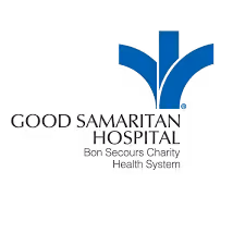 Logo for Good Samaritan Hospital with blue abstract symbol resembling a cross on a black background. Text reads "Bon Secours Charity Health System."