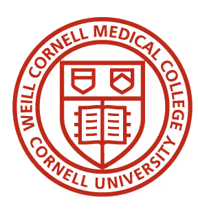Red Weill Cornell Medical College seal on a black background. Features a shield with abstract book and chevrons, encircled by the college's name.