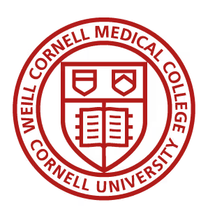 Red Weill Cornell Medical College seal on a black background. Features a shield with abstract book and chevrons, encircled by the college's name.