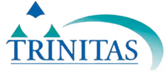 Logo features "TRINITAS" in blue with three blue and teal triangles above, set against a black background. A teal swoosh curves above the text, conveying motion.