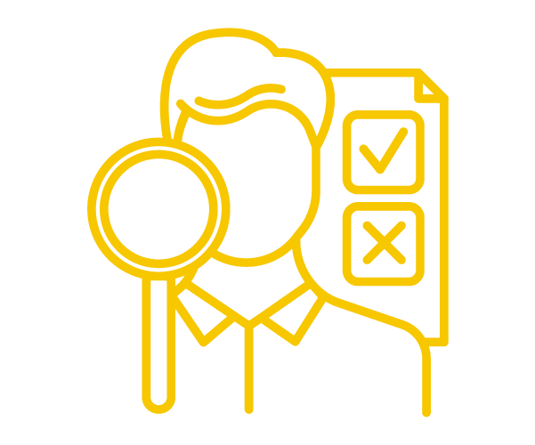 Line Based Icon, Yellow, Magnifying glass in front of a man in front of a checklist.