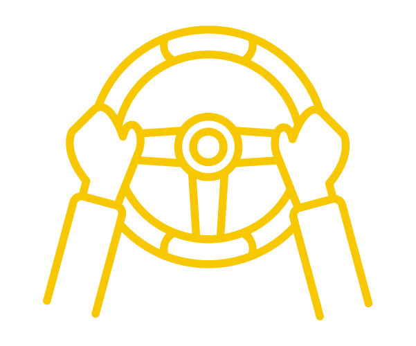 Line Based Icon, Yellow, Two hands on left and right of steering wheel.