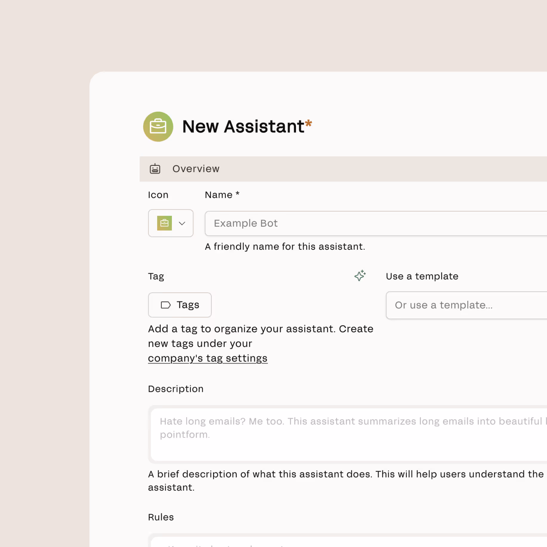 User interface screen for creating a new assistant with fields for icon, name, tags, description, and rules.