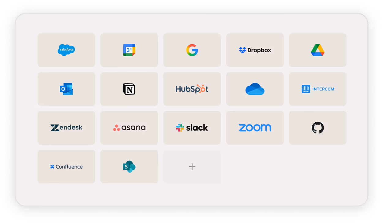 Grid of 15 software and platform logos including Salesforce, Google Calendar, Google, Dropbox, Google Drive, Outlook, Notion, HubSpot, OneDrive, Intercom, Zendesk, Asana, Slack, Zoom, GitHub, Confluence, and SharePoint, with an additional empty plus icon.