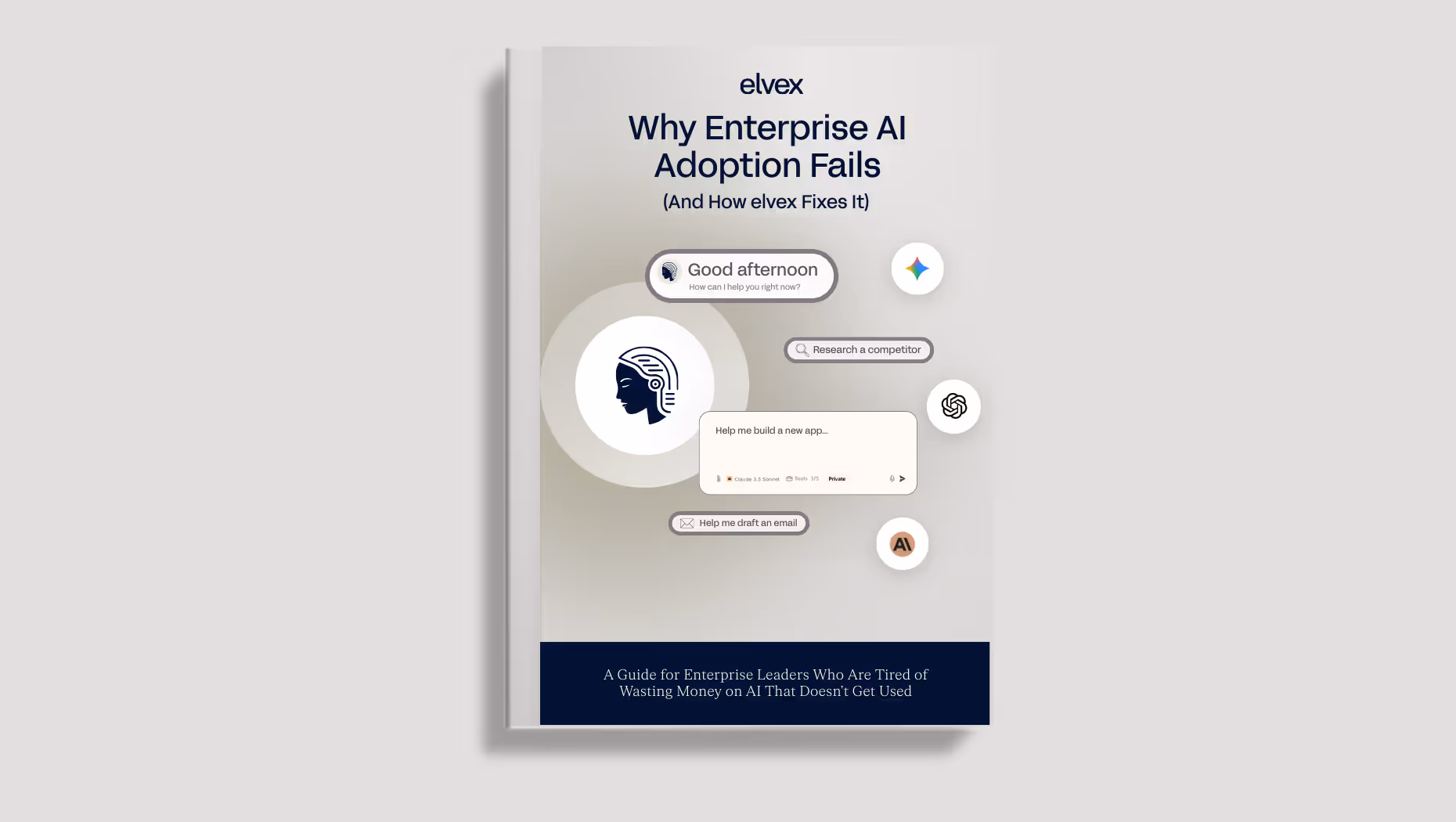 Book cover titled 'Why Enterprise AI Adoption Fails (And How elvex Fixes It)' with AI assistant icons and sample prompts like 'Good afternoon,' 'Research a competitor,' and 'Help me draft an email.'