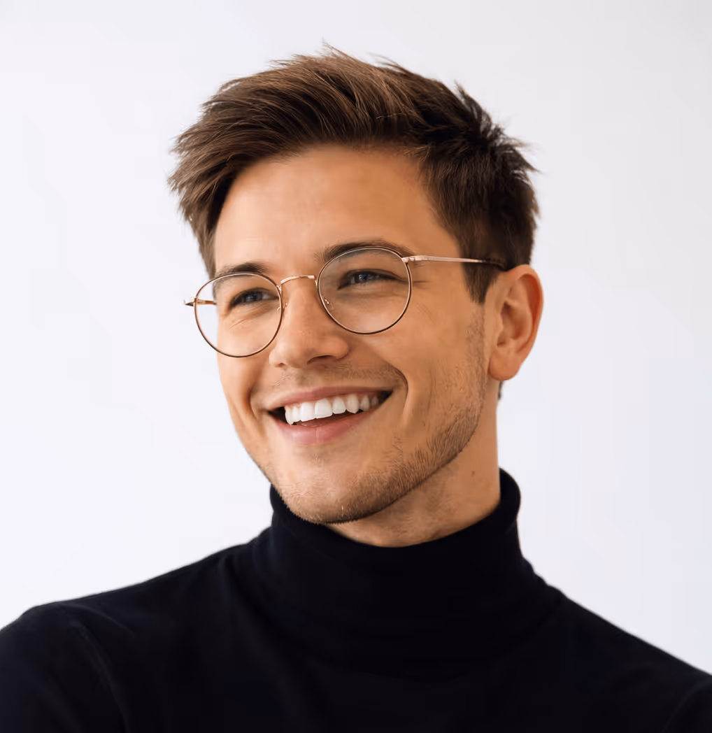 Smiling young man with short brown hair, round glasses, and black turtleneck against a plain white background.