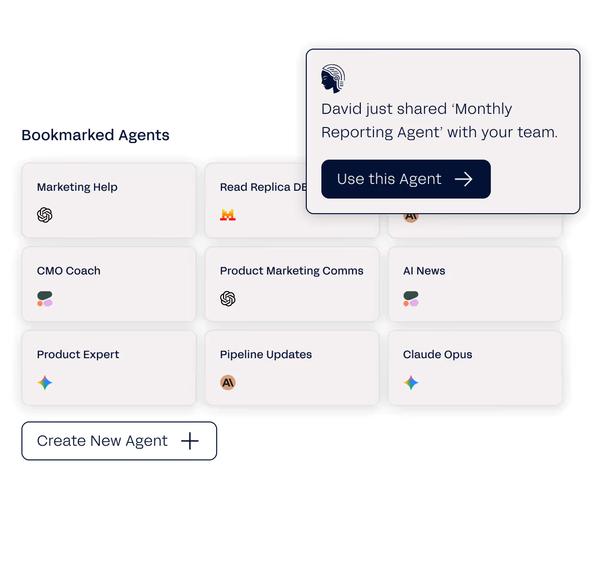 Bar chart showing weekly top new agents with Branded images leading, followed by Meeting-to-email, Social listening, and Legal processor; a prompt asks to share the high-performing data with team groups Marketing and Support.