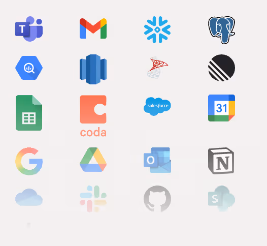 Grid of 20 technology and productivity app logos including Microsoft Teams, Gmail, Snowflake, PostgreSQL, Google Sheets, Coda, Salesforce, Google Calendar, Google, Google Drive, Outlook, Notion, OneDrive, Slack, GitHub, and SharePoint.
