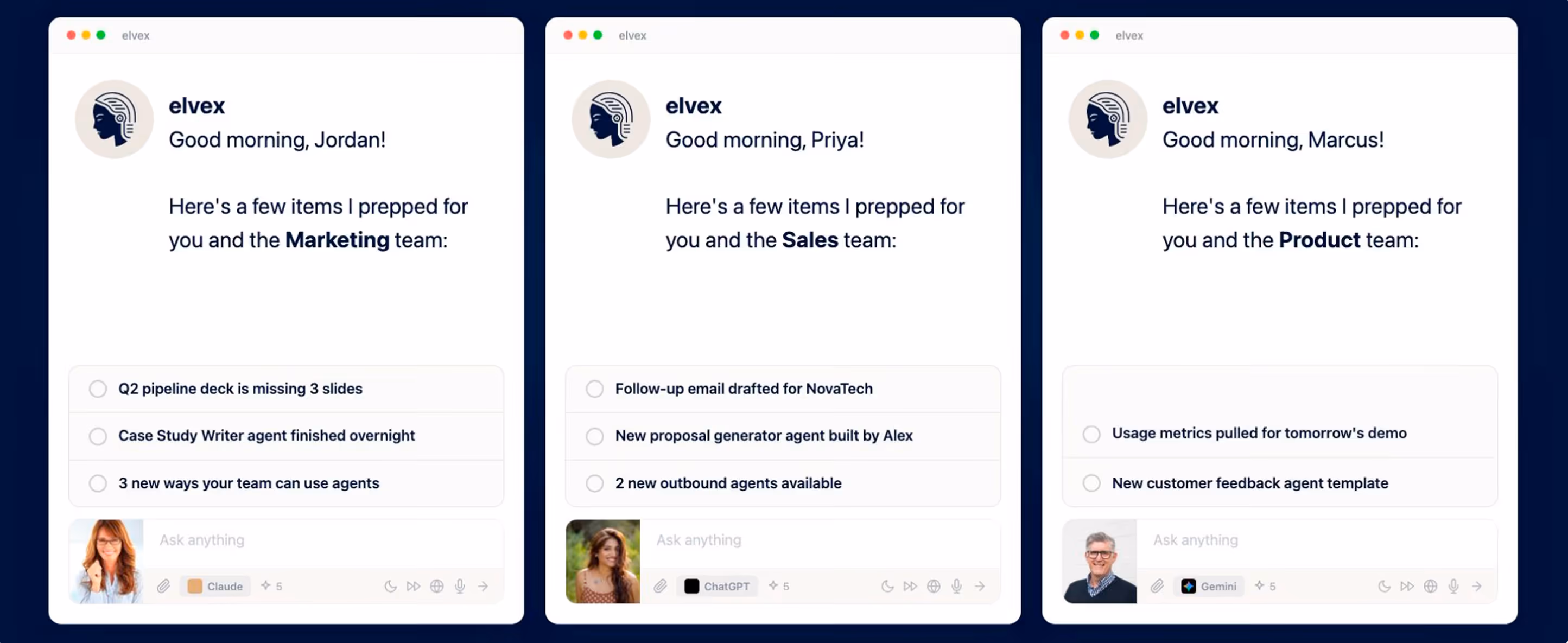 Three side-by-side digital assistant interfaces greeting Jordan, Priya, and Marcus with prepped task lists for Marketing, Sales, and Product teams respectively.