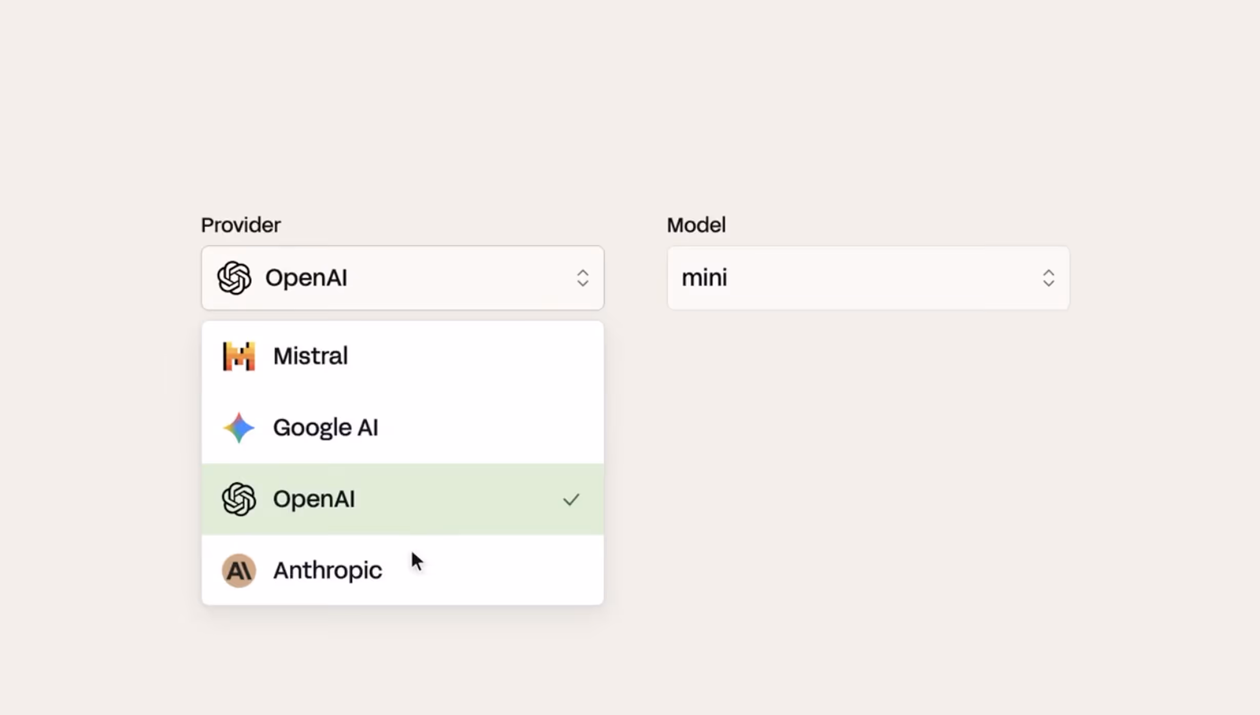 Dropdown menu for selecting AI provider with options Mistral, Google AI, OpenAI (selected), and Anthropic; model dropdown set to mini.