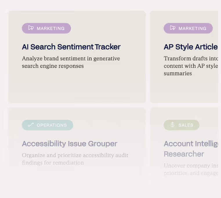 Left image:
Grid of four AI tool cards: AI Search Sentiment Tracker, AP Style Article, Accessibility Issue Grouper, and Account Intelligence Researcher, each with category tags and descriptions.