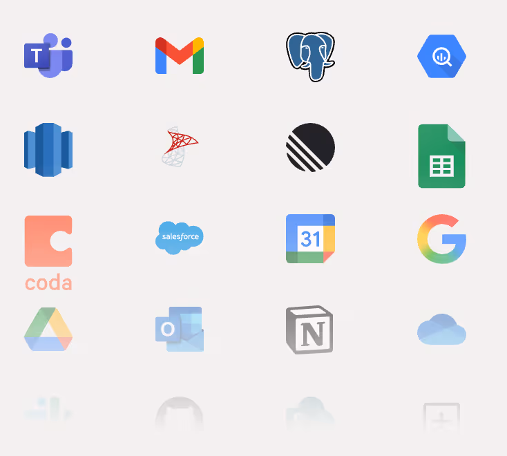 Grid of integration logos including Teams, Gmail, PostgreSQL, BigQuery, Redshift, SQL Server, Linear, Sheets, Coda, Salesforce, Google Calendar, Google, Drive, Outlook, Notion, and OneDrive.