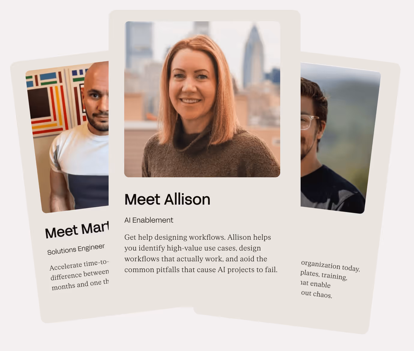 Portrait of Allison with text about her role in AI Enablement and designing effective AI workflows.