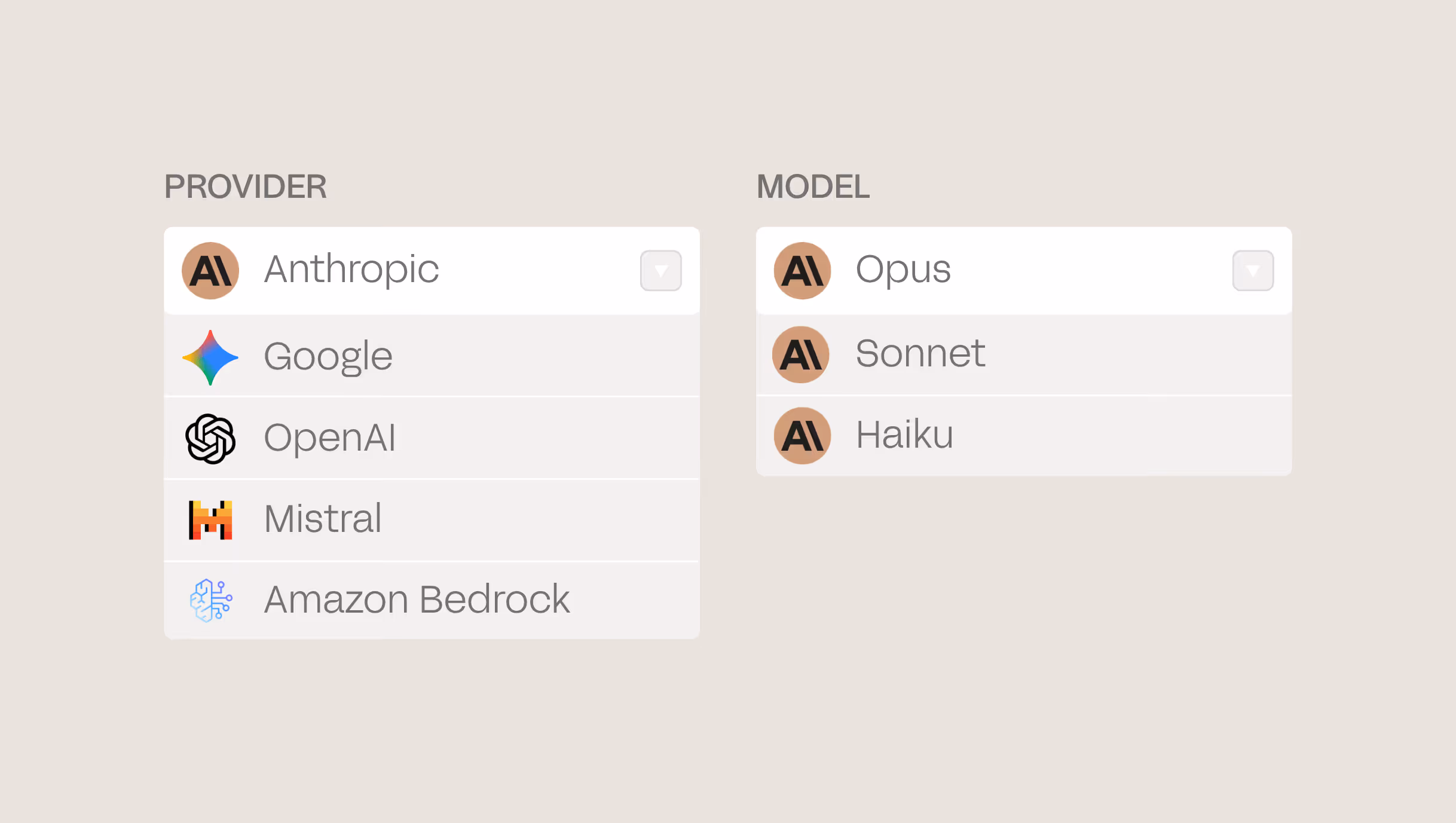 Dropdown menus listing AI providers: Anthropic, Google, OpenAI, Mistral, Amazon Bedrock and models: Opus, Sonnet, Haiku.