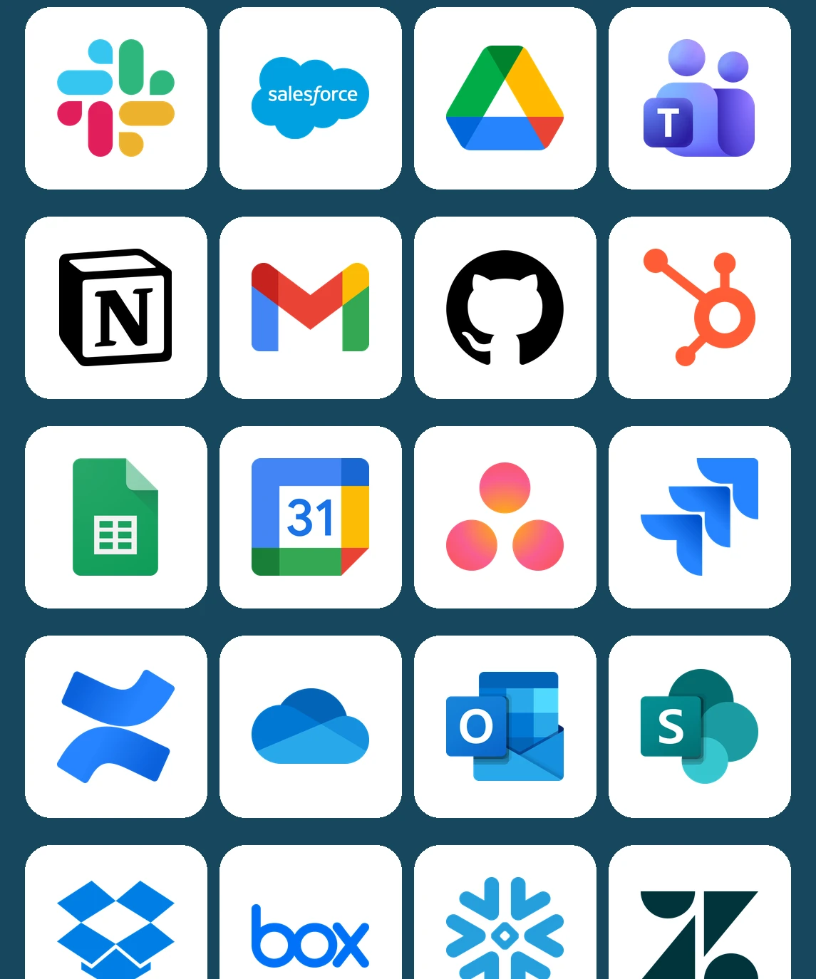 Four-column grid of integration logos continuing below the card