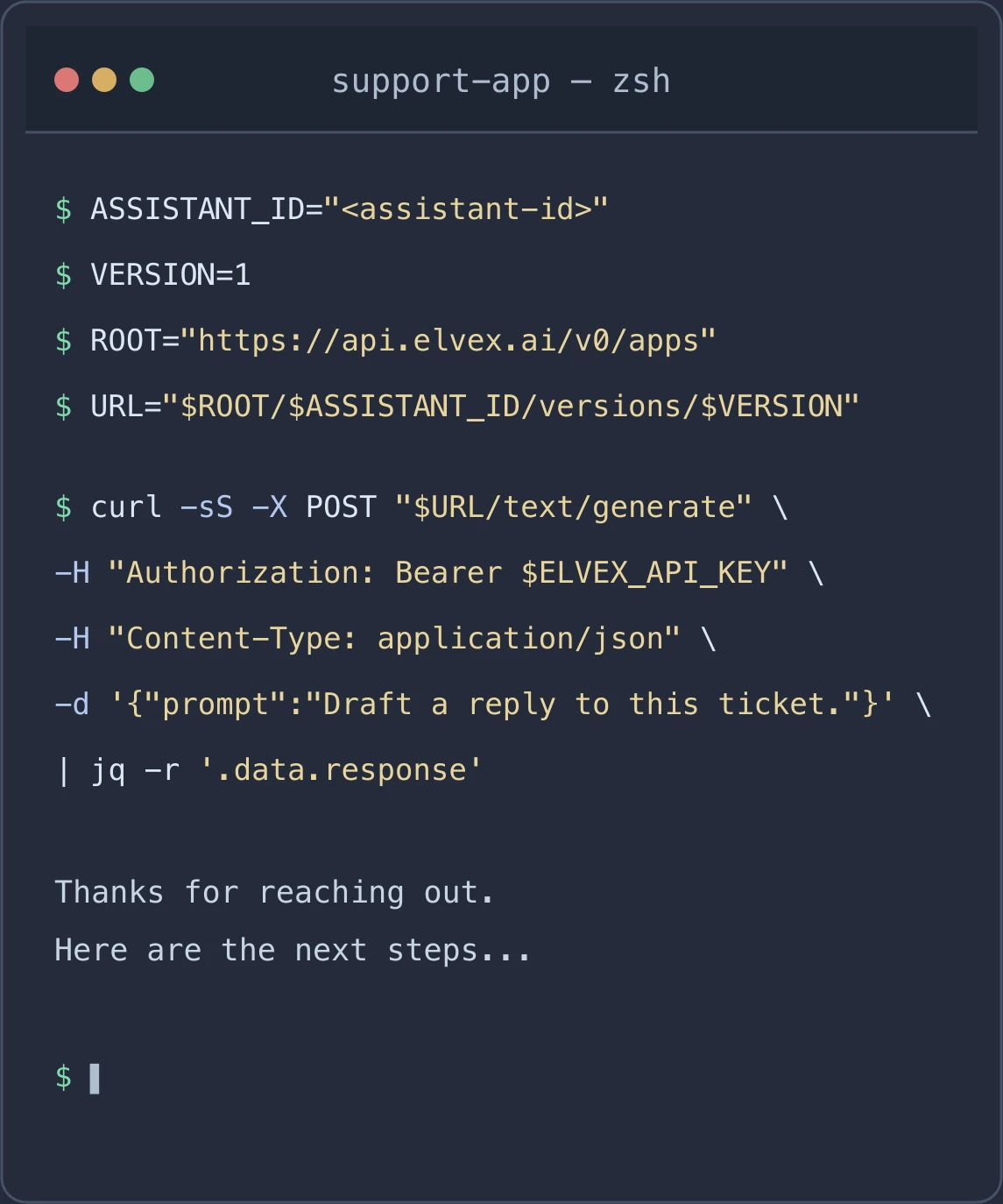 Terminal showing a curl request to generate a support ticket reply through the elvex API