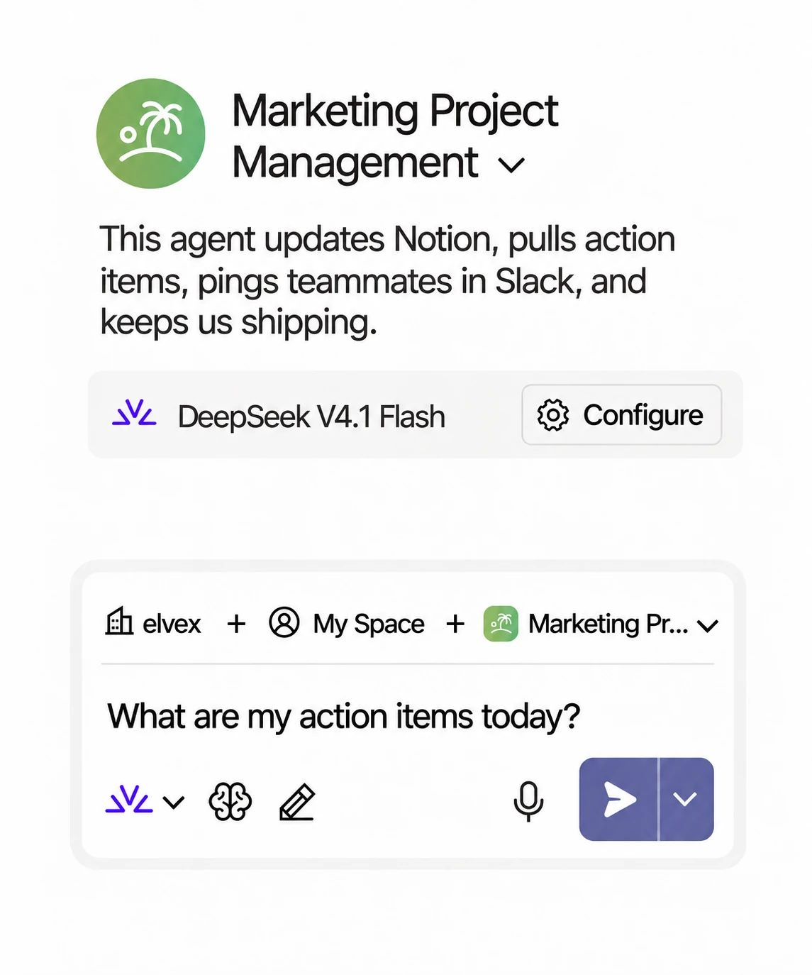 Marketing Project Management agent profile above an elvex chat asking about today's action items