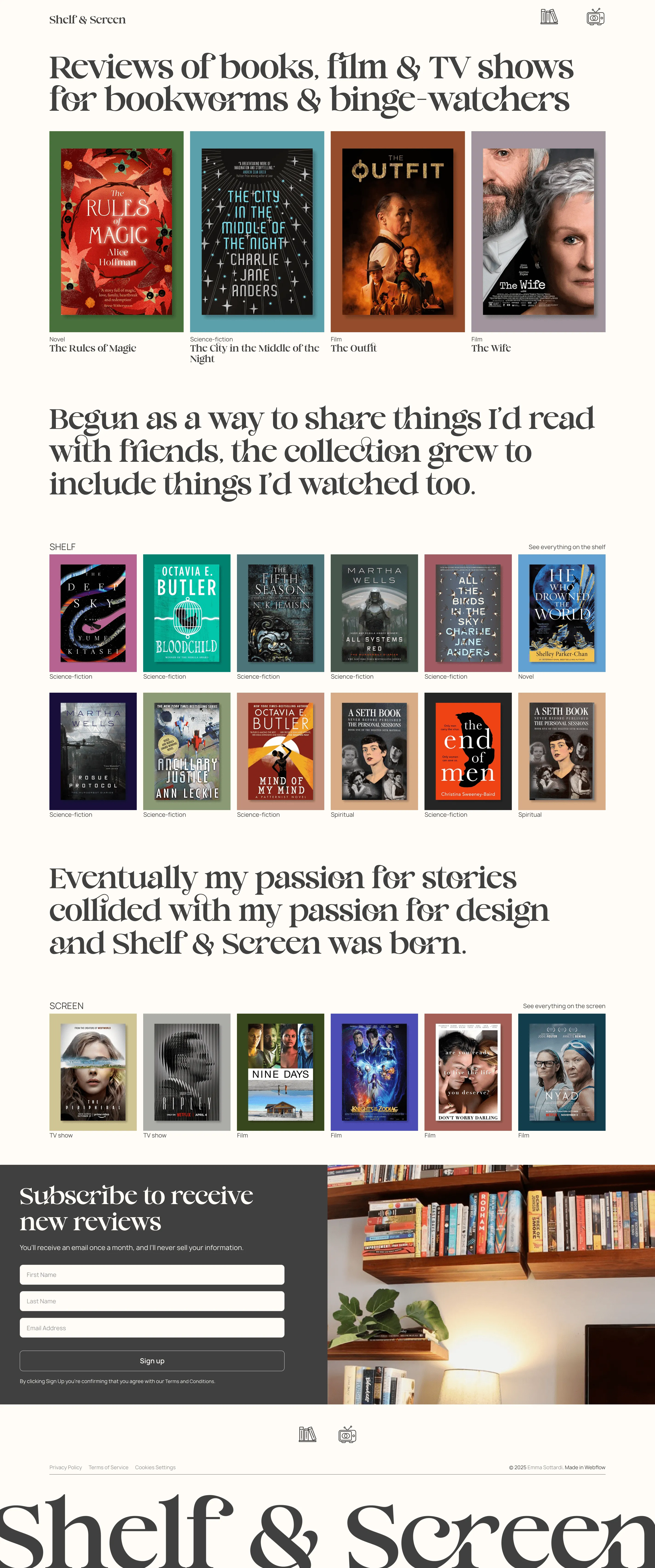A full screen grab of the Shelf & Screen website.
