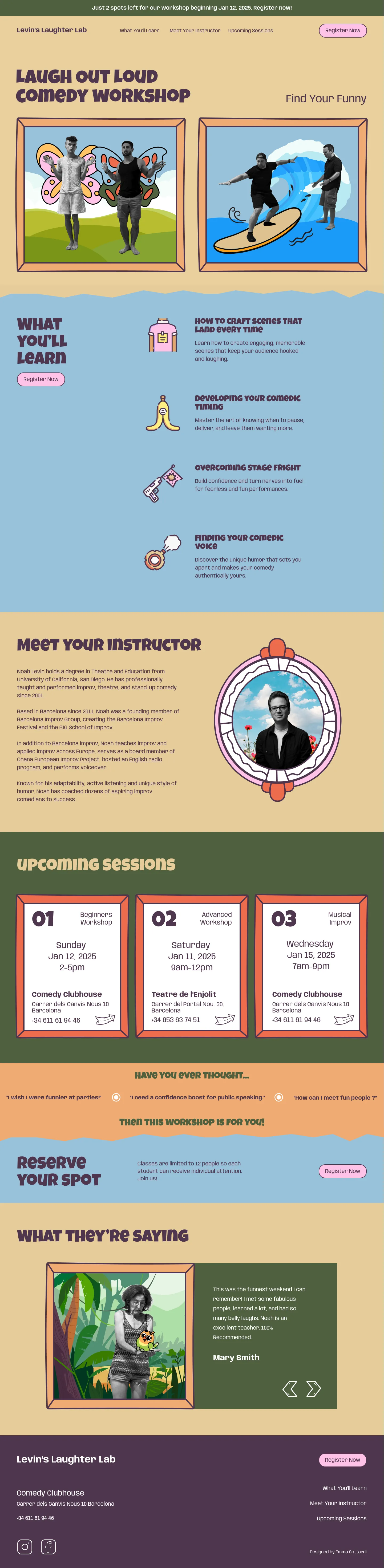 A screenshot of the website design for a comedy workshop.