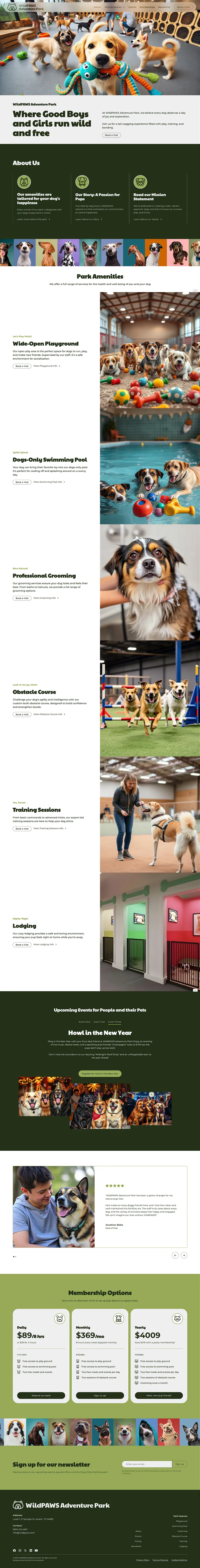 A full-page screenshot of the website design for fictional outdoor dog adventure park, Wild Paws. 