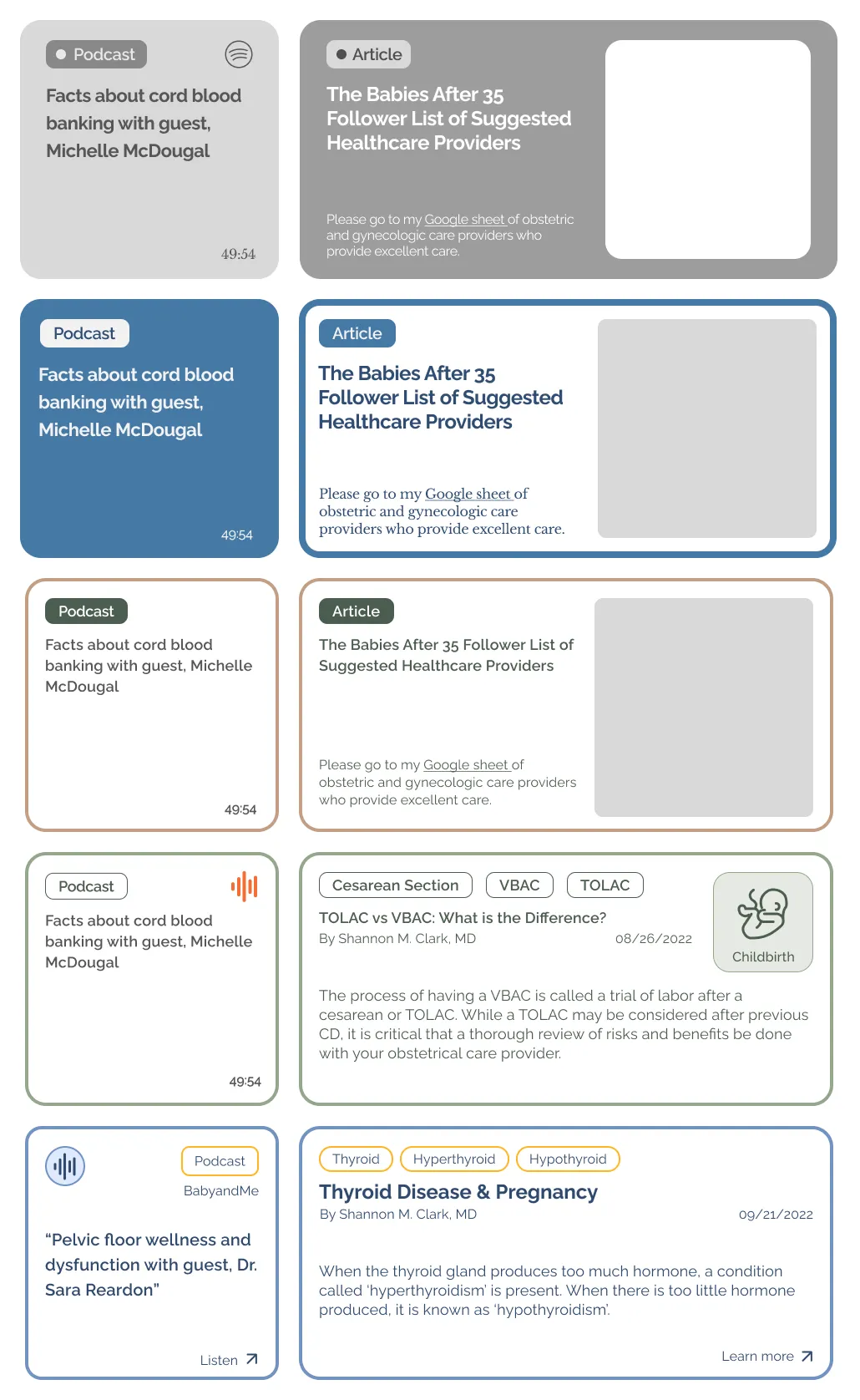 A graphic showing the design evolution of the cards used on the Babies After 35 website.