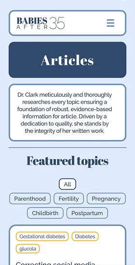 A section of the Babies After 35 website shown via a mobile phone screenshot.