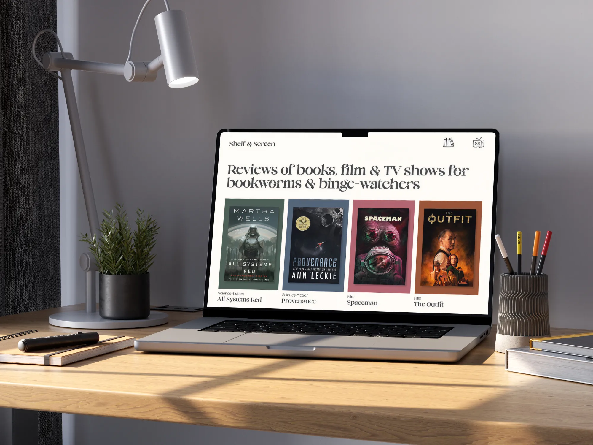 The hero section of the Shelf & Screen website shown on a laptop.