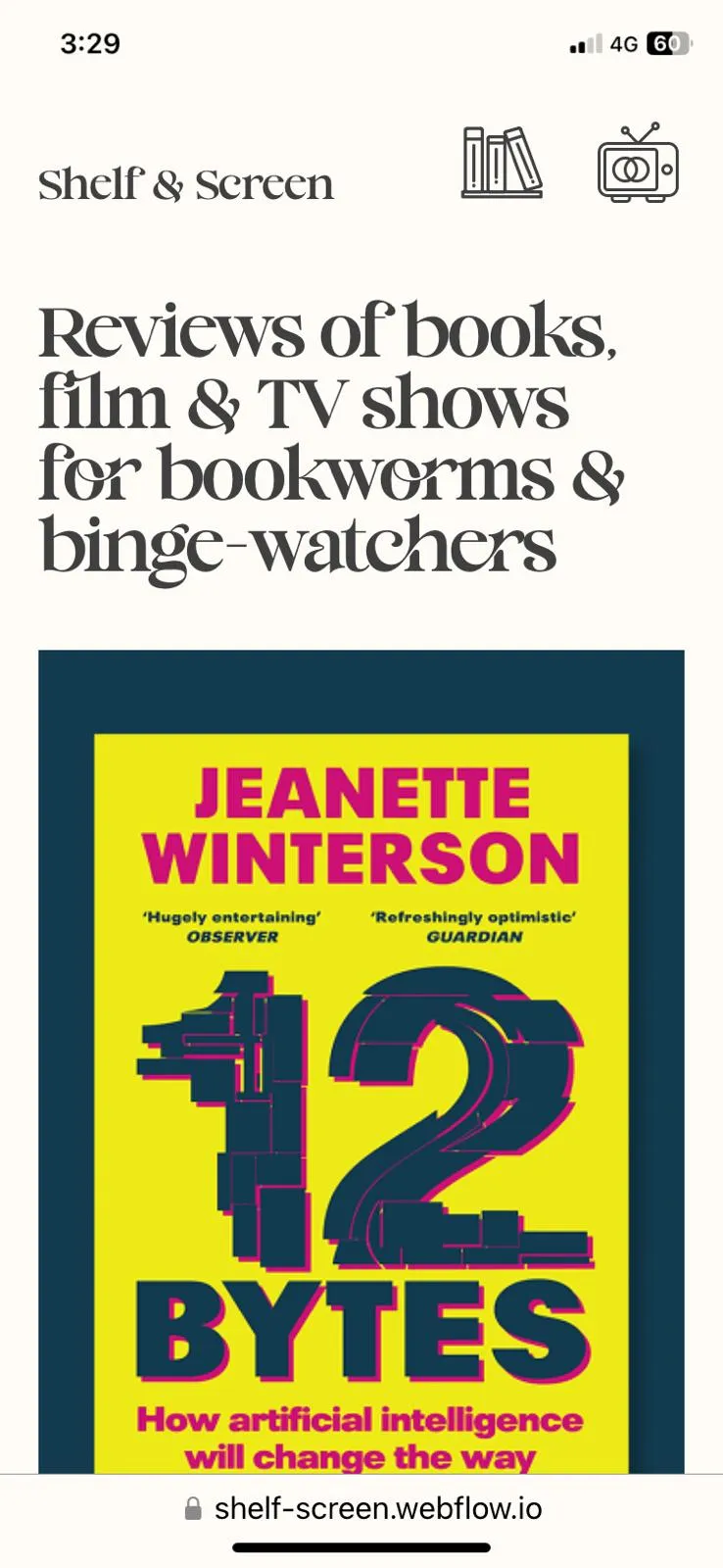 A mobile phone screenshot of one of the sections of the Shelf & Screen website. 