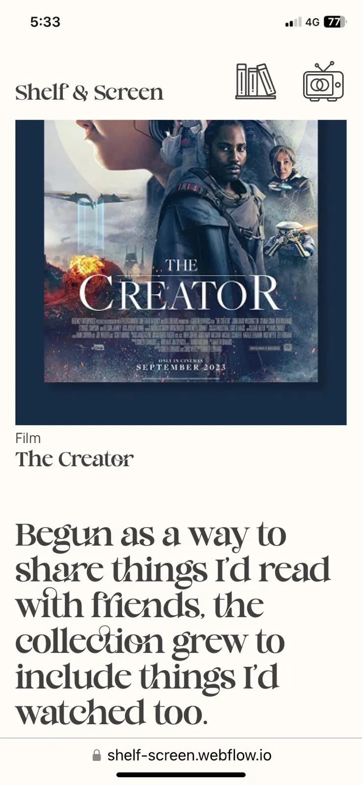 A mobile phone screenshot of one of the sections of the Shelf & Screen website. 