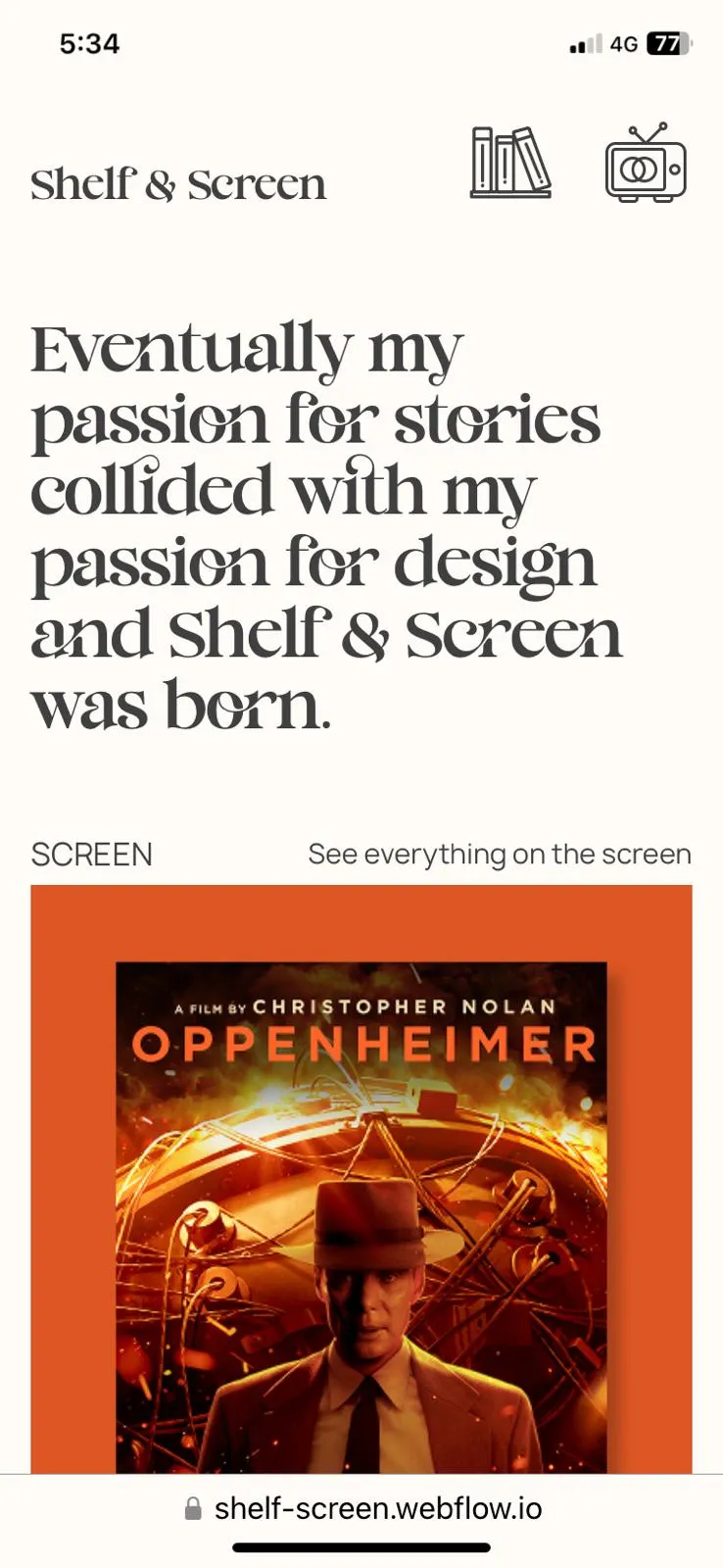 A mobile phone screenshot of one of the sections of the Shelf & Screen website. 