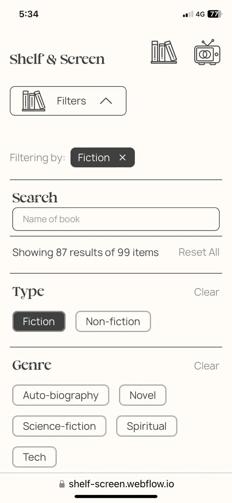 A mobile phone screenshot of one of the sections of the Shelf & Screen website. 