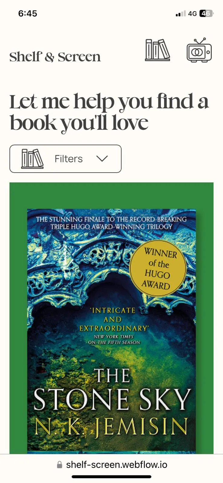 A mobile phone screenshot of one of the sections of the Shelf & Screen website. 