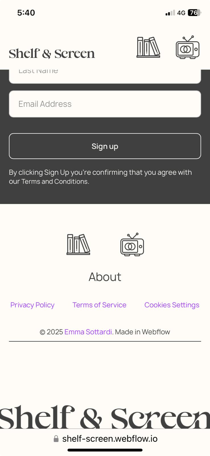 A mobile phone screenshot of the footer of the Shelf & Screen website. 