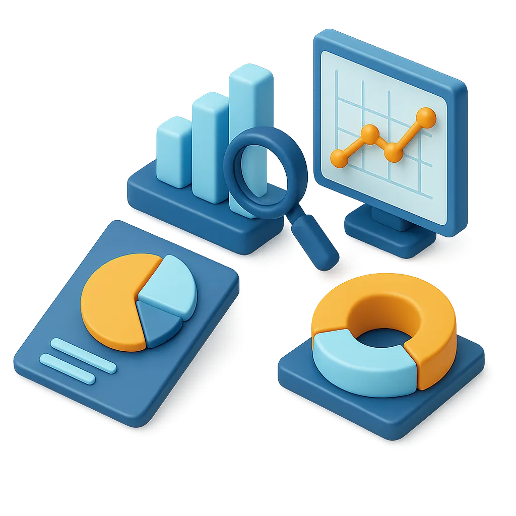 A 3D illustration showing four analytic tools. 