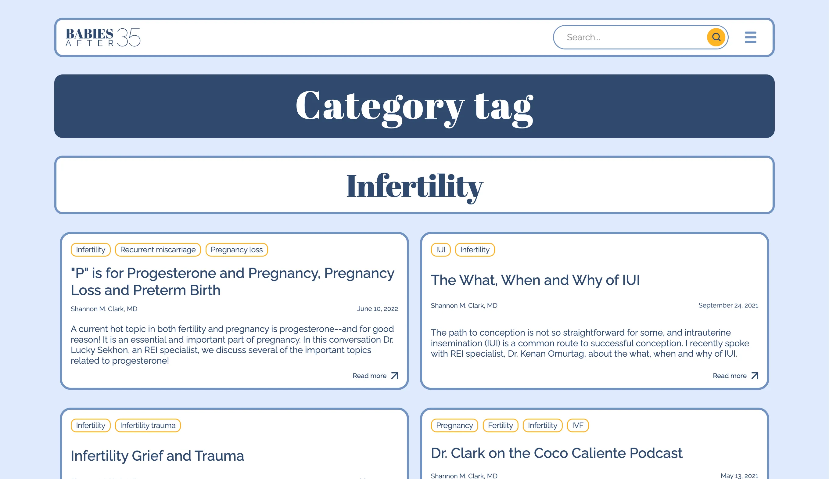A screenshot of one of the sections of the Babies After 35 website. 