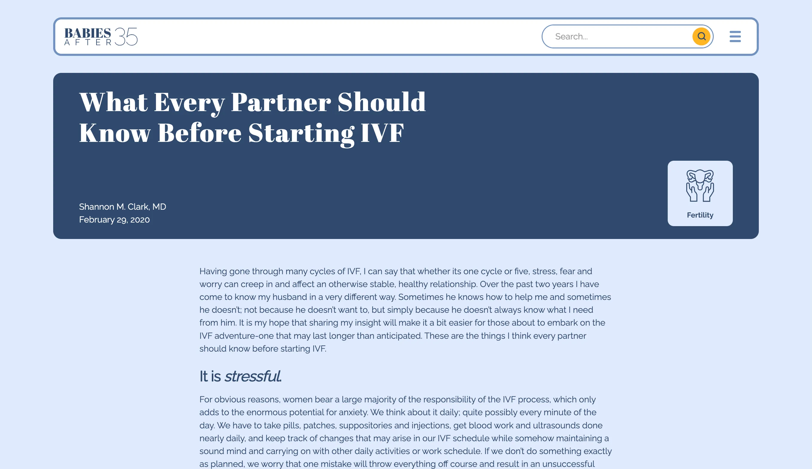 A screenshot of one of the sections of the Babies After 35 website. 
