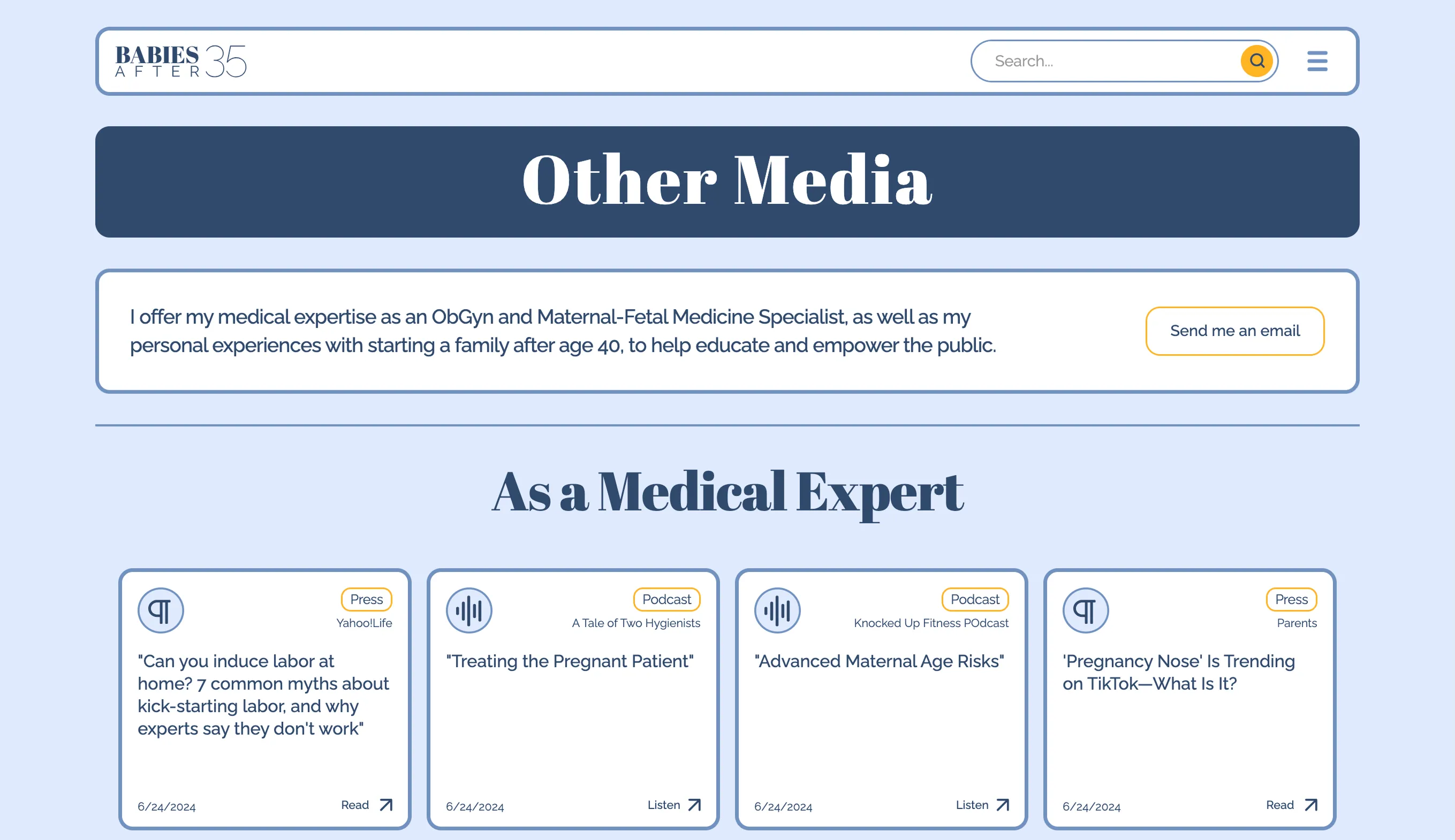 A screenshot of one of the sections of the Babies After 35 website. 