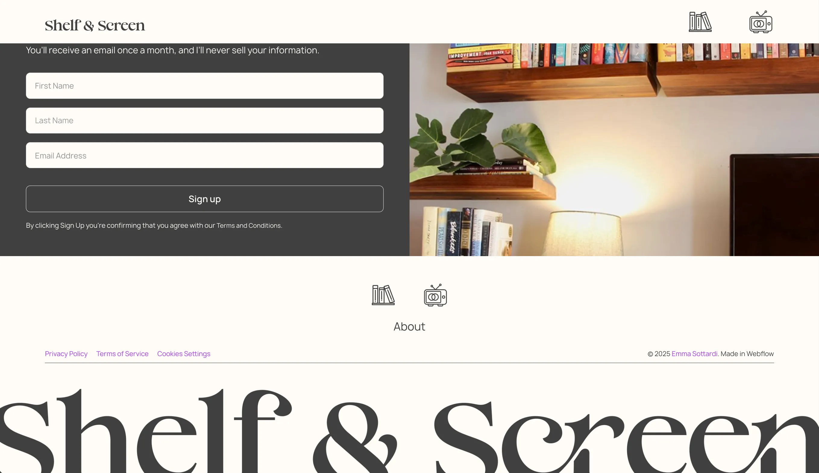 A screenshot of the Shelf & Screen website showing the newsletter sign-up form and the footer.