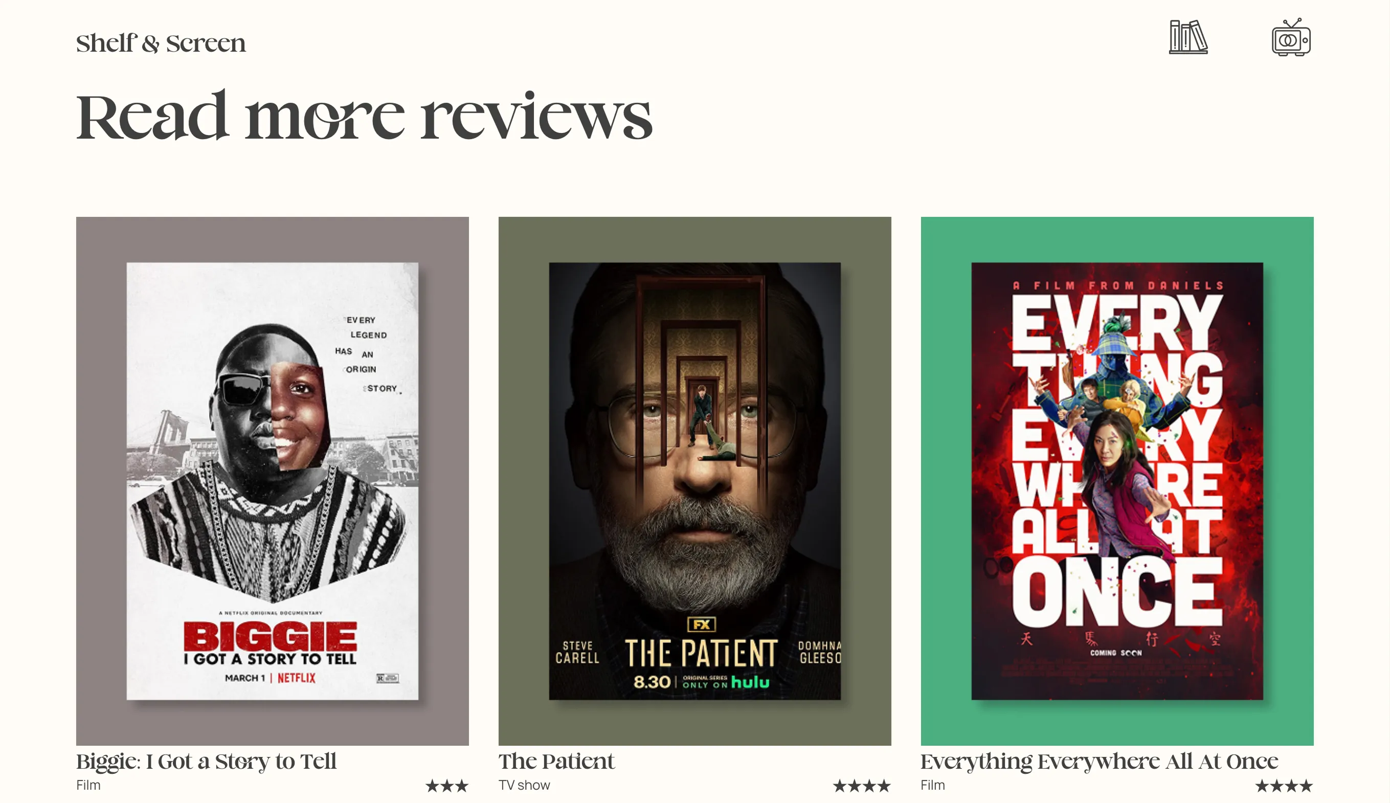 A section of the Shelf & Screen website showing three Read More items.