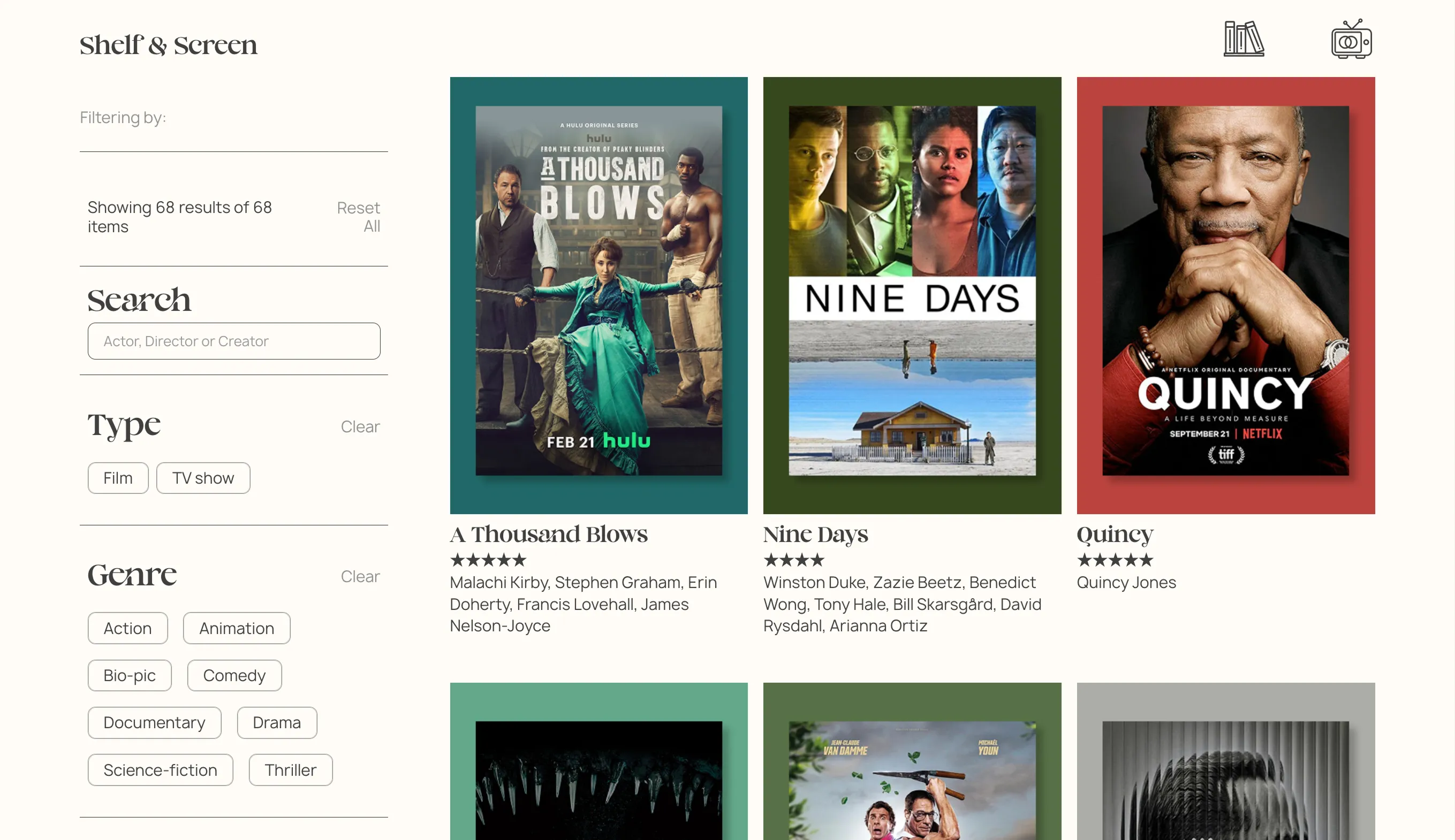 A screenshot of the Shelf & Screen website showing the available filters of the Screen items.