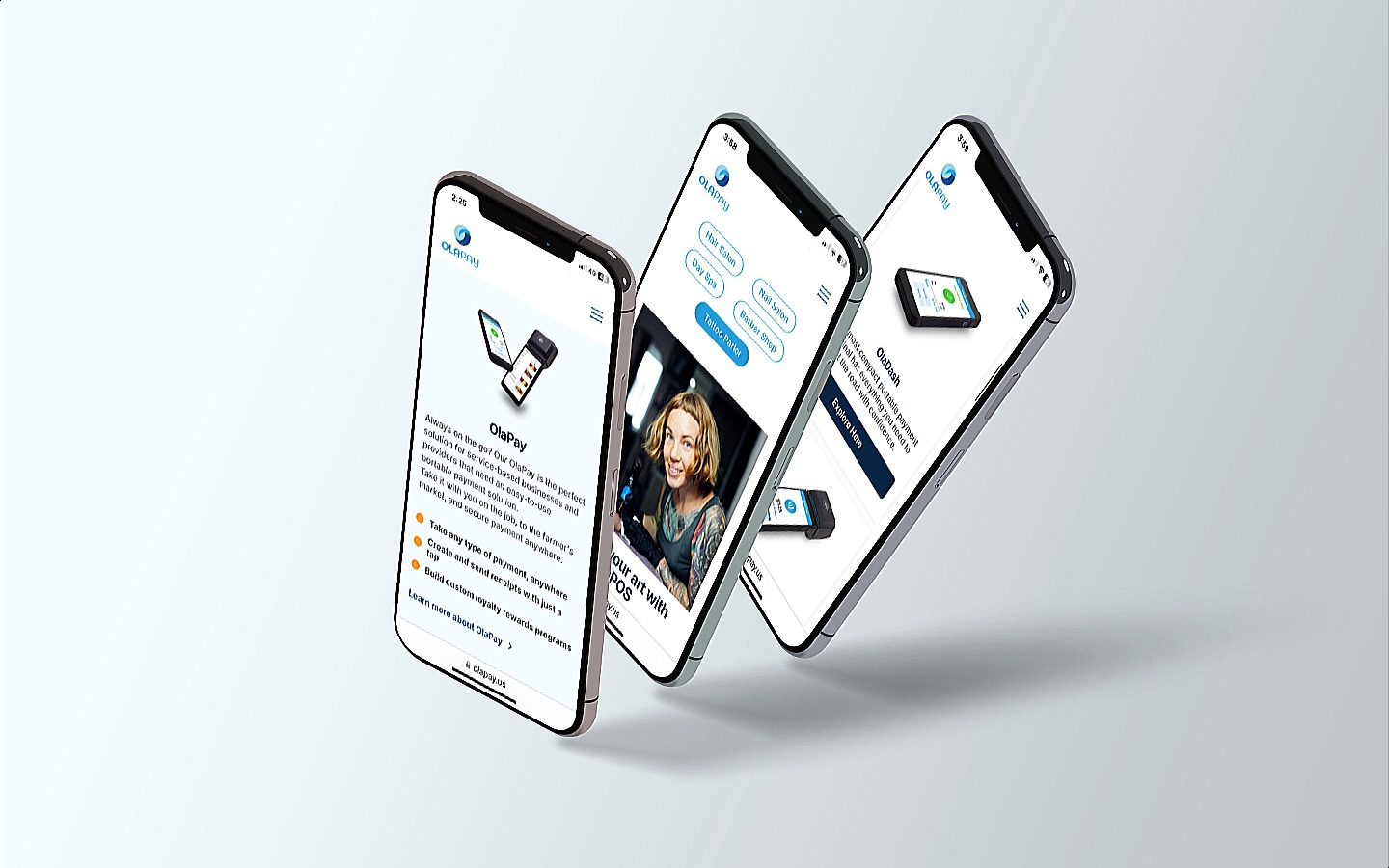 The phones at a jaunty angle showing three different pages of the OlaPay website.